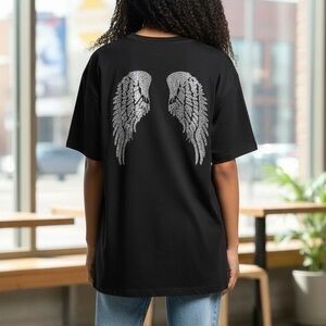 SHEIN Women’s Oversized Sparkly Studded Angel Wings Tee in Black, Medium